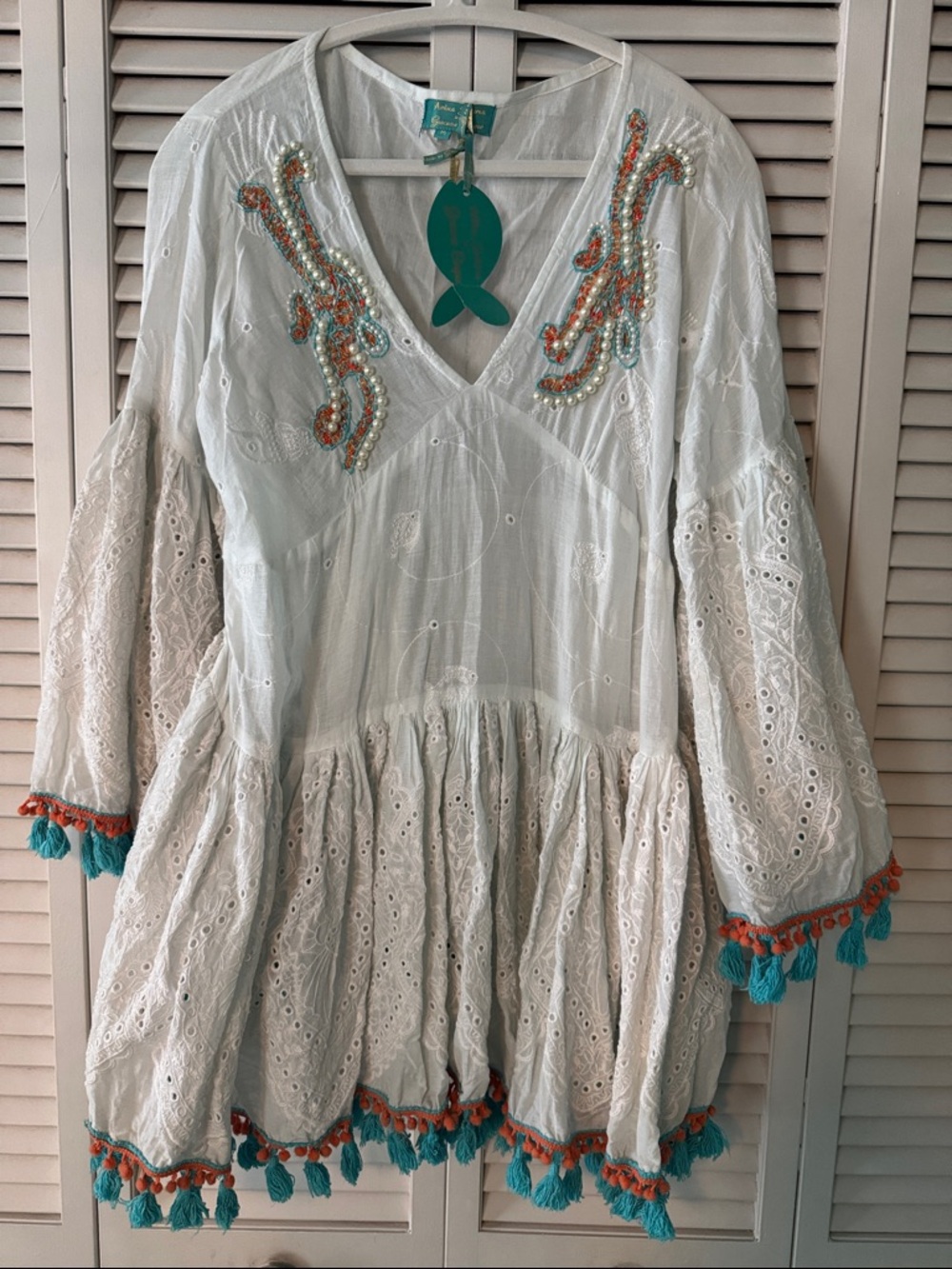 Antica Sartoria Sz M  Embroidered Tassel Tunic Top - White with Turquoise NWT